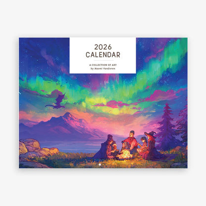 2026 wall calendar featuring fantasy art by Naomi VanDoren, with vibrant illustrations on the cover page.