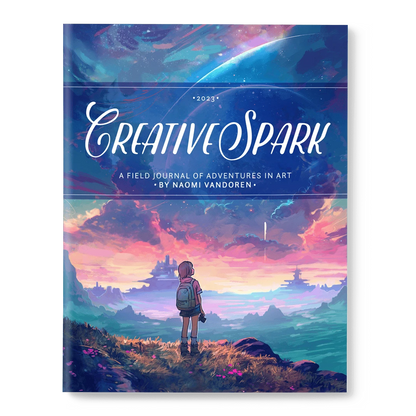 Cover of Creative Spark 2023 art book by Naomi VanDoren featuring vibrant, colorful abstract artwork and creative design.
