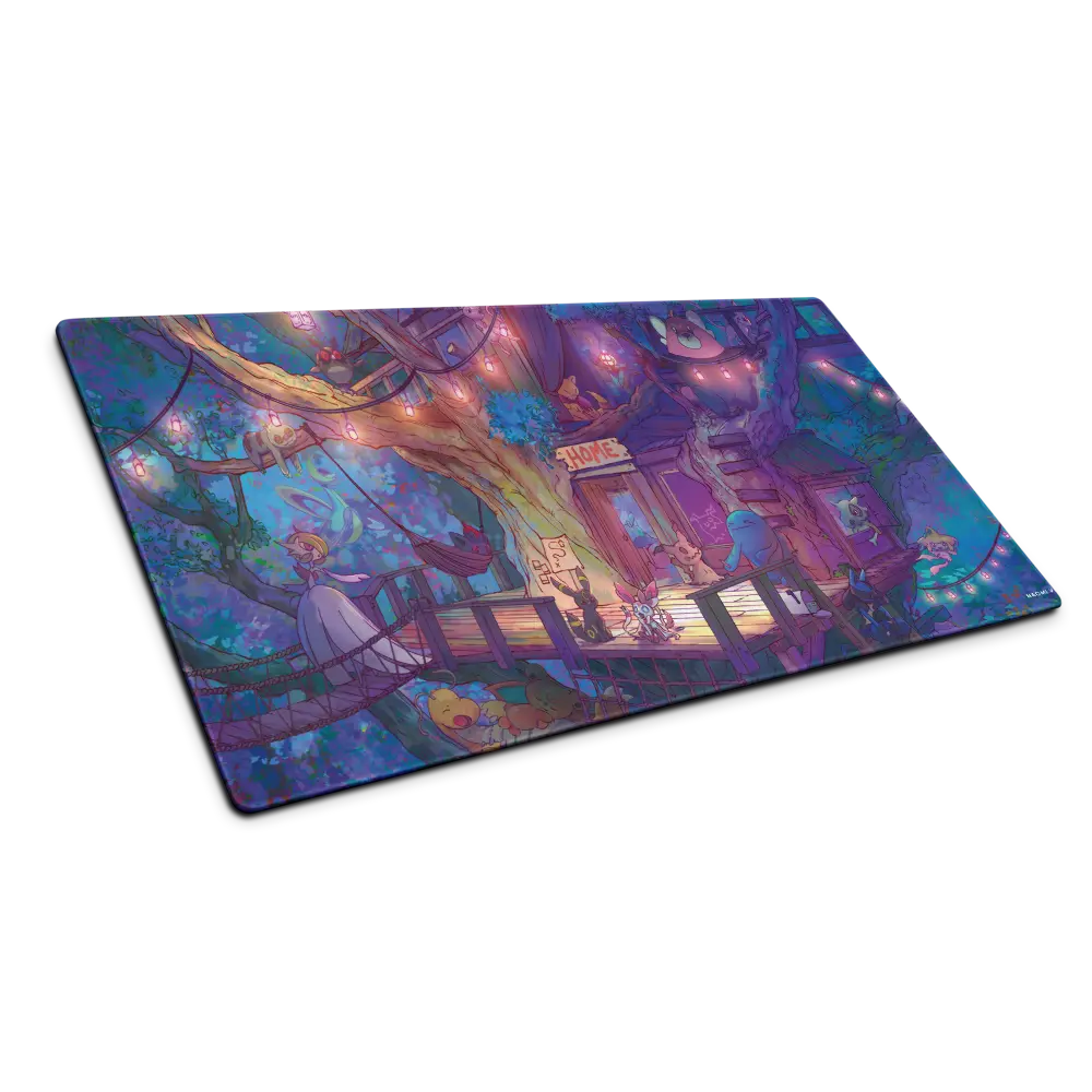 A rectangular gaming mousepad with rounded corners, featuring a colorful fantasy illustration of a treehouse scene with characters and glowing lights, shown on a plain white background.