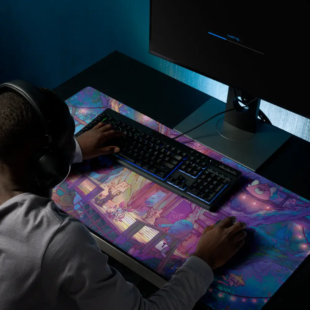 A person wearing headphones sits at a desk using a keyboard and mouse on a large, colorful printed desk mat. A computer monitor is visible in the background, and the scene is lit with blue ambient lighting.