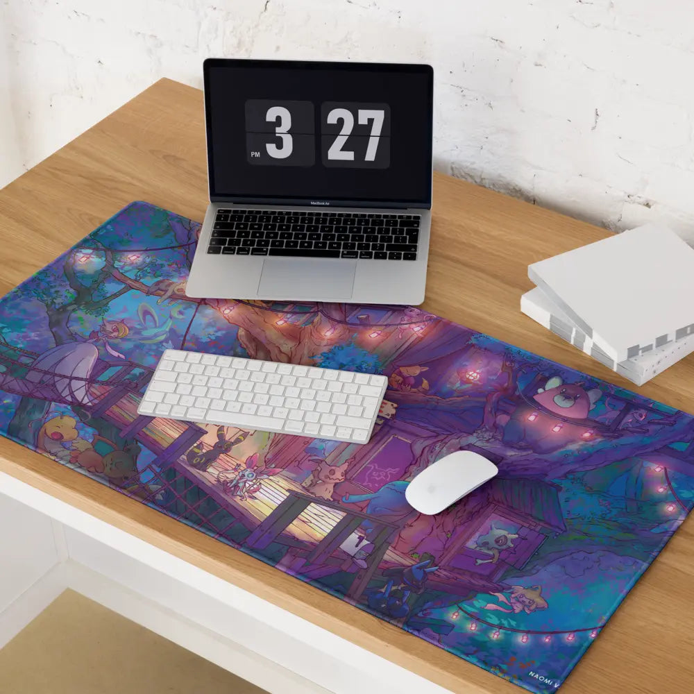 A large desk mat with a colorful fantasy illustration is laid out on a wooden desk, styled with a laptop, keyboard, mouse, and a stack of white books against a white brick wall.