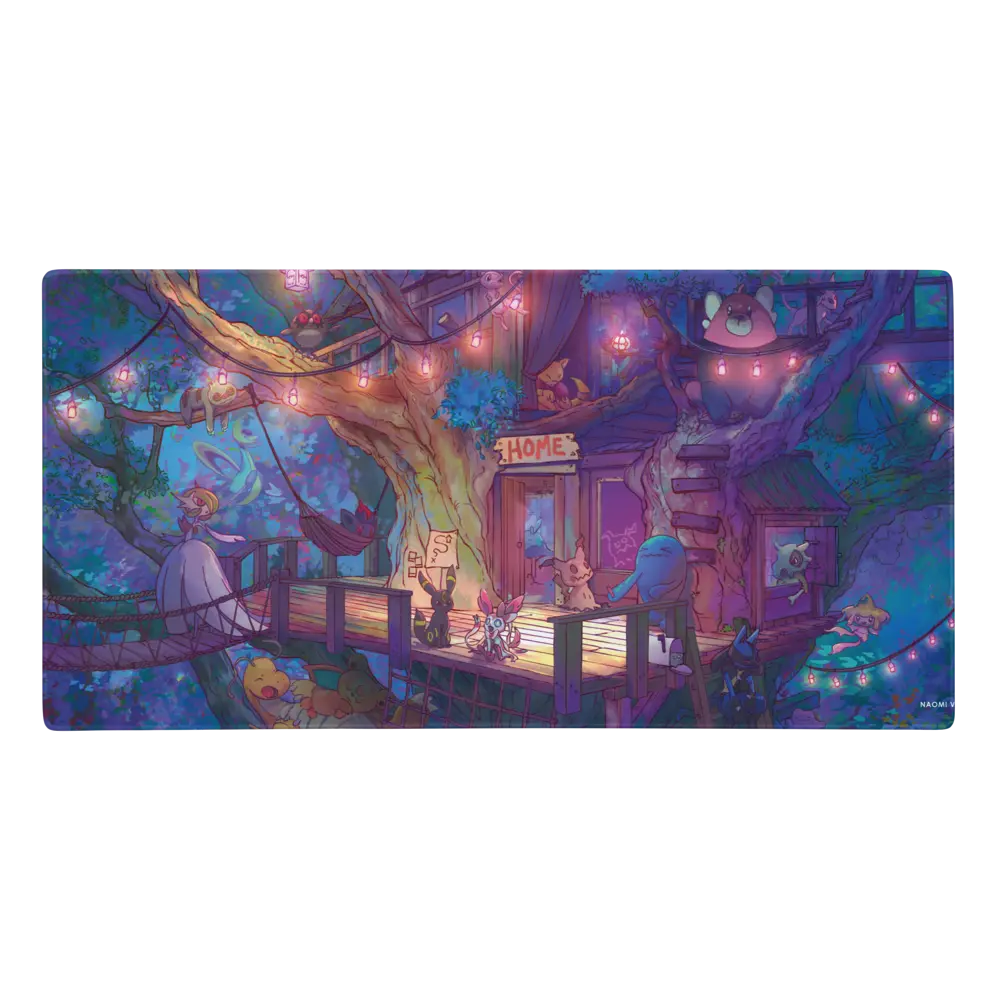 A rectangular art print or canvas featuring a whimsical forest treehouse scene with characters, glowing string lights, and a purple-toned night sky, shown centered on a plain white background.