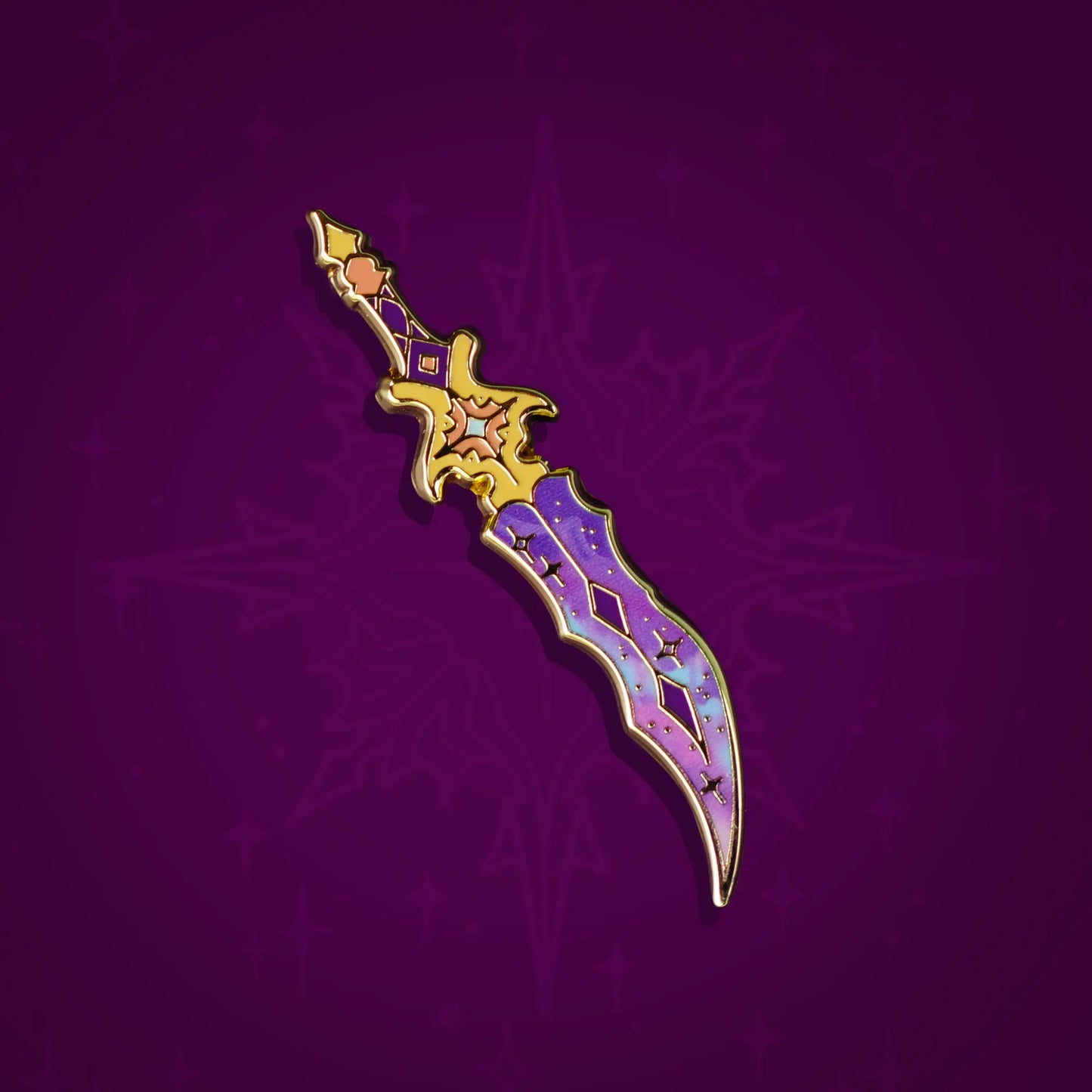 Celestial Armory Nebula Dagger enamel pin by Naomi VanDoren featuring a detailed cosmic-themed dagger design.