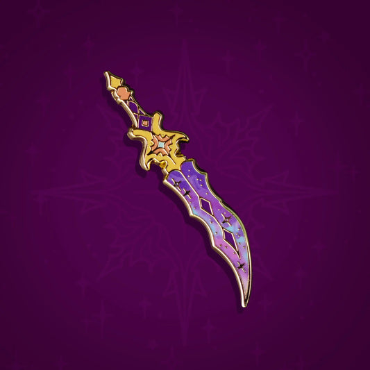 Celestial Armory Nebula Dagger enamel pin by Naomi VanDoren featuring a detailed cosmic-themed dagger design.