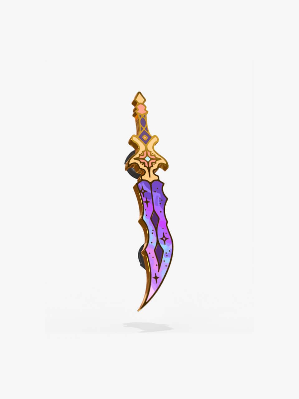 Celestial Armory Nebula Dagger enamel pin by Naomi VanDoren on a white background, showcasing intricate design details.