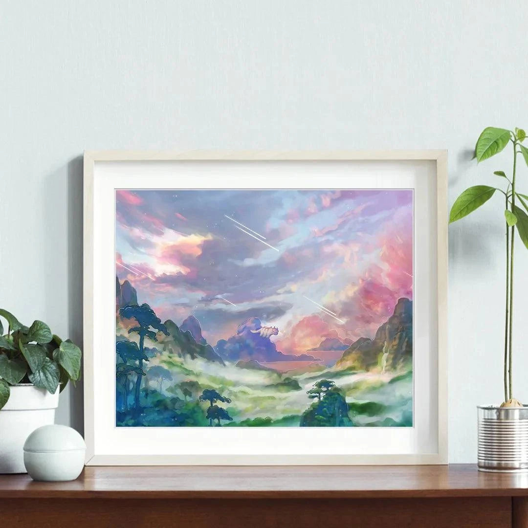 Framed Earth Kingdom art print by Naomi VanDoren from the Elements Series featuring vibrant natural landscapes and houseplants.