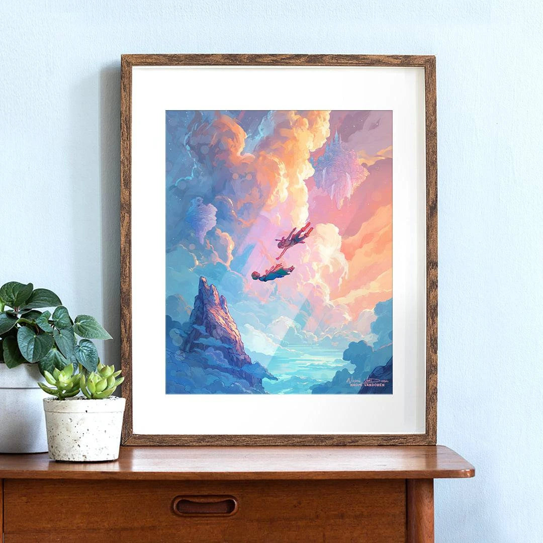 Framed art print by Naomi VanDoren, featuring detailed illustrations of two character falling through clouds.