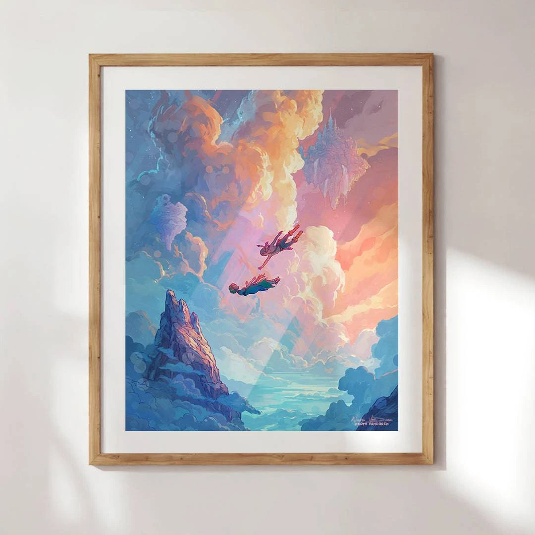 Framed Zelda Tears of the Kingdom art print by Naomi VanDoren featuring Link and Zelda from Adventure Art & Stories.