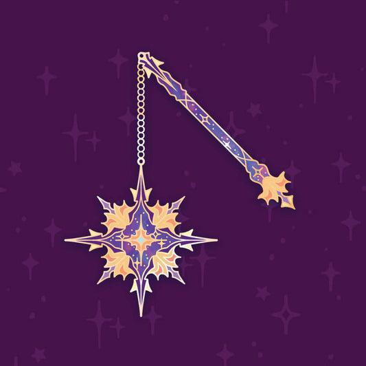 Enamel pin featuring a celestial star flail design by Naomi VanDoren, showcasing intricate details and vibrant colors.