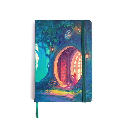 Hardback Forest Library Notebook by Naomi VanDoren featuring fantasy forest cover, ideal for journaling or note-taking.