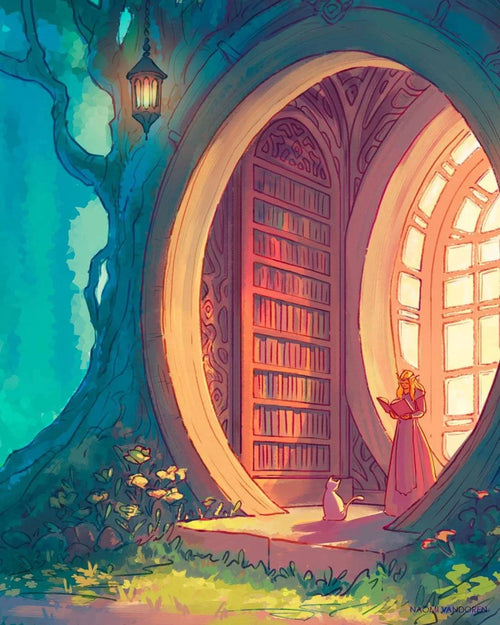 Close-up of Naomi VanDoren's Forest Library art print featuring detailed forest scene with books and lush greenery.