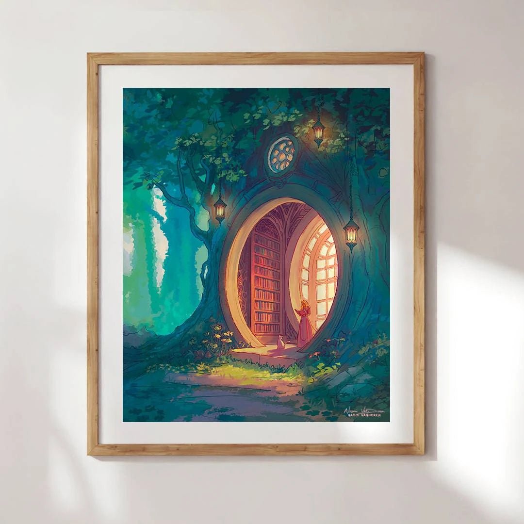 Framed art print of a forest scene by Naomi VanDoren, part of the Forest Library collection, featuring lush trees and bamboo.