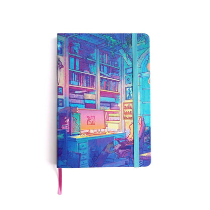 Hardback Gamer's Nook notebook by Naomi VanDoren featuring a colorful cats-themed adventure art cover.