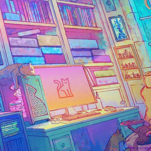 Close-up of Naomi VanDoren's Gamer's Nook art print featuring cozy gaming setup and cats, showcasing detailed illustration.