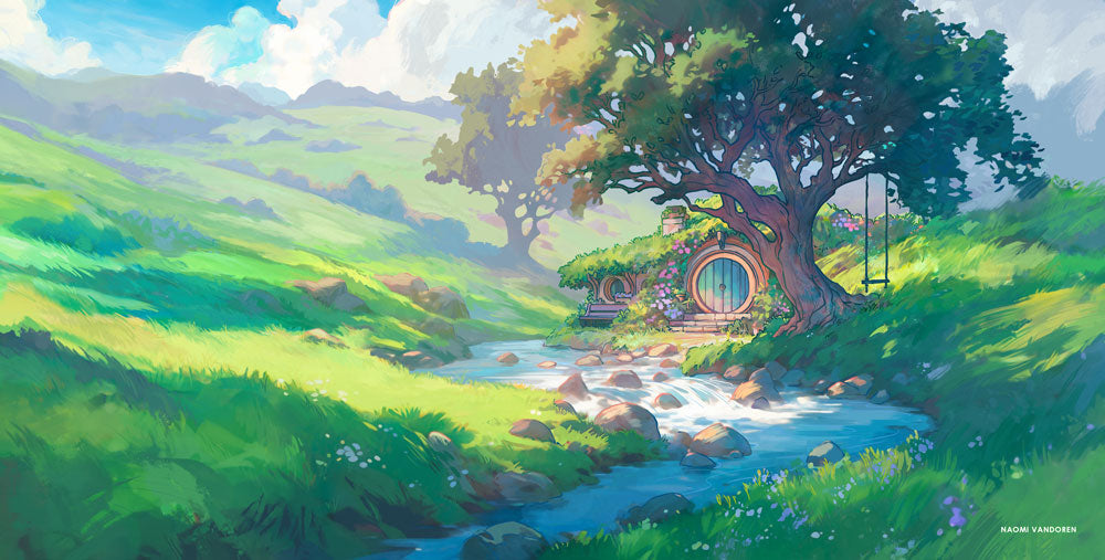 Hobbit house nestled under a large tree with a stream flowing through a lush green landscape