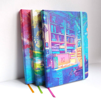 Group of Naomi VanDoren Gamer's Nook hardback notebooks with illustrated covers, featuring adventure art and story themes.