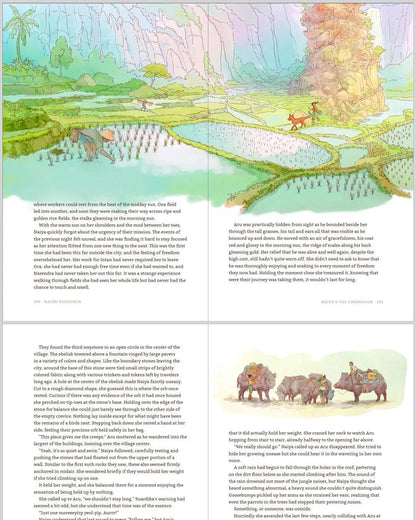 Open page from Naomi VanDoren's Naiya and the Foxdragon illustrated novel, showing detailed artwork and text inside.