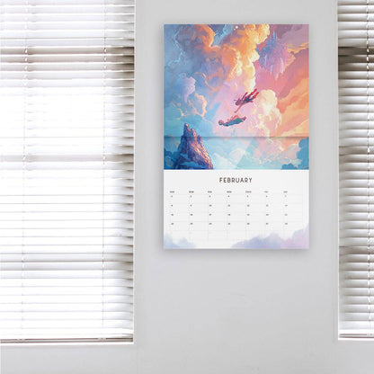 Interior view of the 2026 wall calendar by Naomi VanDoren featuring fantasy art and story illustrations.