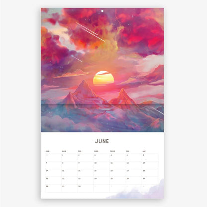 2026 wall calendar featuring fantasy art by Naomi VanDoren, showcasing vibrant illustrations for the month of February.