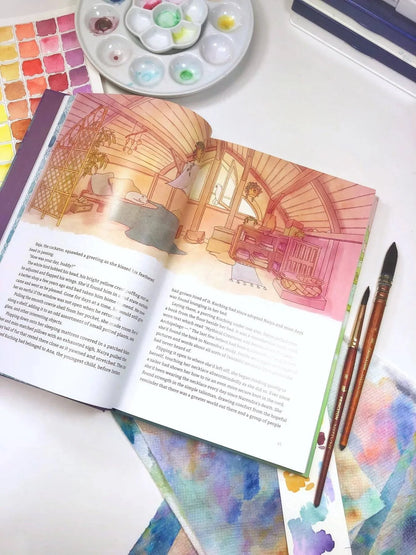 Open cover of "Naiya and the Foxdragon" illustrated novel by Naomi VanDoren, featuring vibrant fantasy artwork and detailed illustrations.