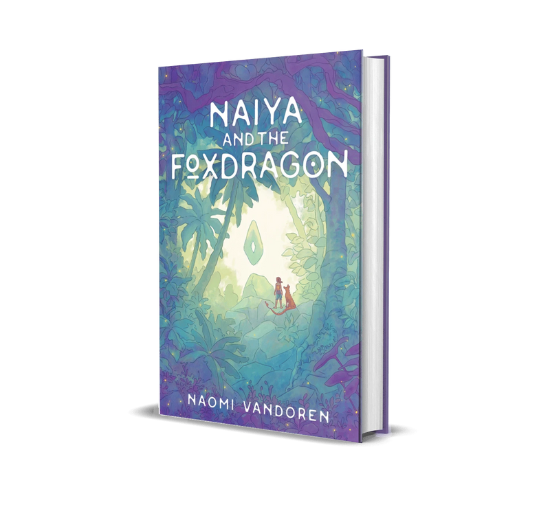 Hardcover of Naiya and the Foxdragon illustrated novel by Naomi VanDoren, featuring vibrant fantasy artwork on the cover.