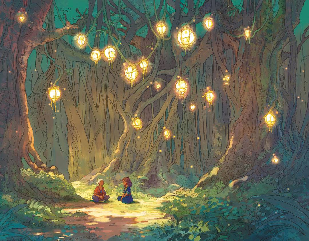 Illustration from Naomi VanDoren's novel "Anira and the Spirit of Magic," featuring a mystical spirit tree and magical scene.