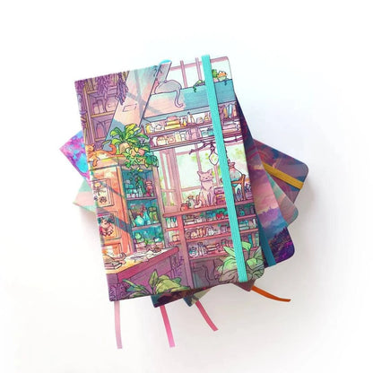 Holographic hardcover notebook by Naomi VanDoren for Cat Shop Apothecary, featuring adventure-themed artwork and a sturdy journal design.