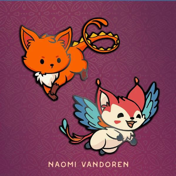 Set of two Naomi VanDoren enamel pins featuring colorful adventure-themed designs by Aru & Kuskus, displayed on a white background.
