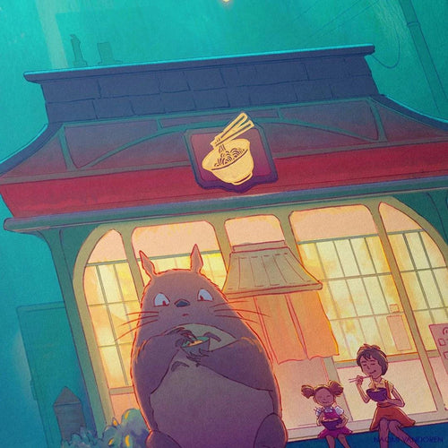 Close-up of Naomi VanDoren's ramen shop art print showcasing detailed, colorful illustration of a cozy ramen restaurant scene.