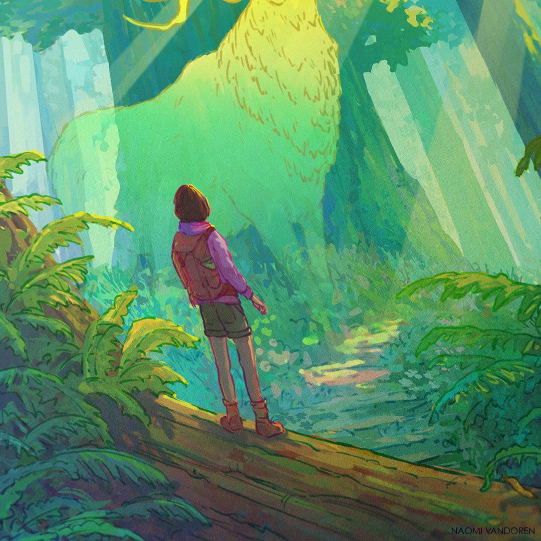Redwood Explorer art print by Naomi VanDoren featuring a detailed illustration of towering redwoods and adventurous woodland scenery.