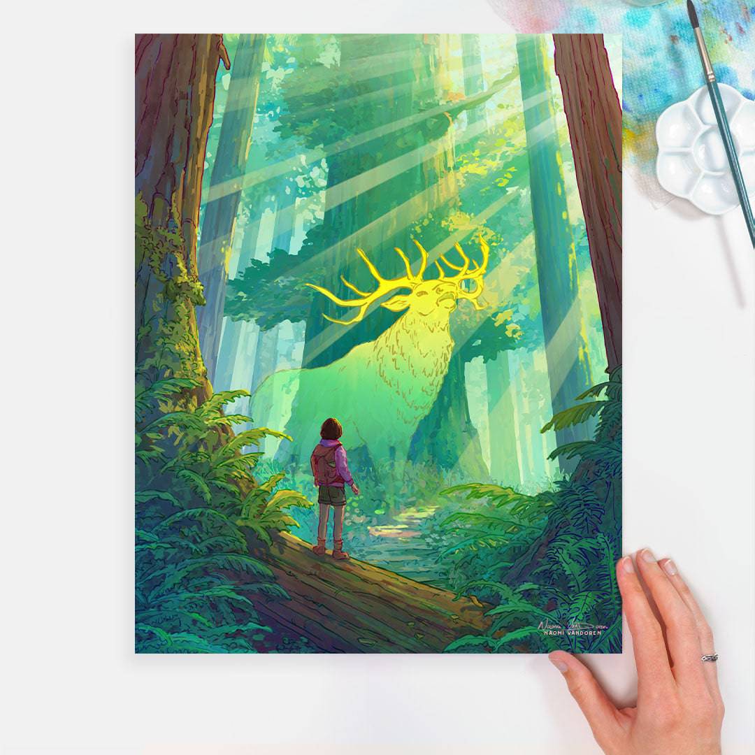 Redwood Explorer art print by Naomi VanDoren featuring a hand-printed nature scene of towering redwoods and lush greenery.