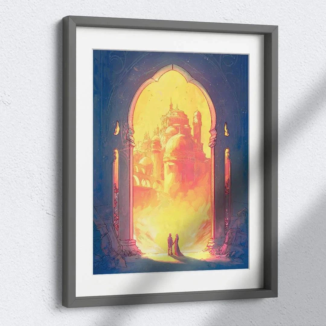 Framed Naomi VanDoren art print titled "Reunion," featuring vibrant colors and detailed imagery on high-quality paper.