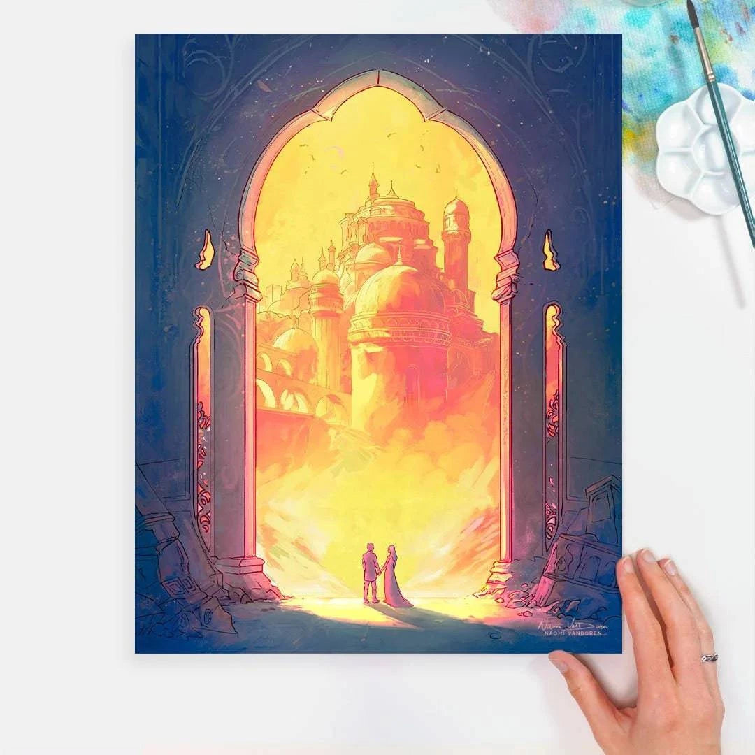 Colorful art print by Naomi VanDoren titled Reunion, featuring vibrant hand-drawn imagery and storytelling elements.