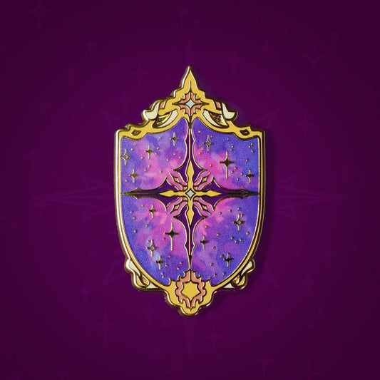 Celestial Armory Constellation Shield enamel pin by Naomi VanDoren featuring a starry shield design with cosmic details.