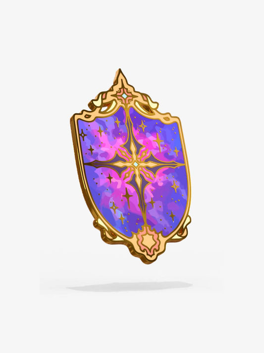 Celestial Armory Constellation Shield enamel pin by Naomi VanDoren on a white background.