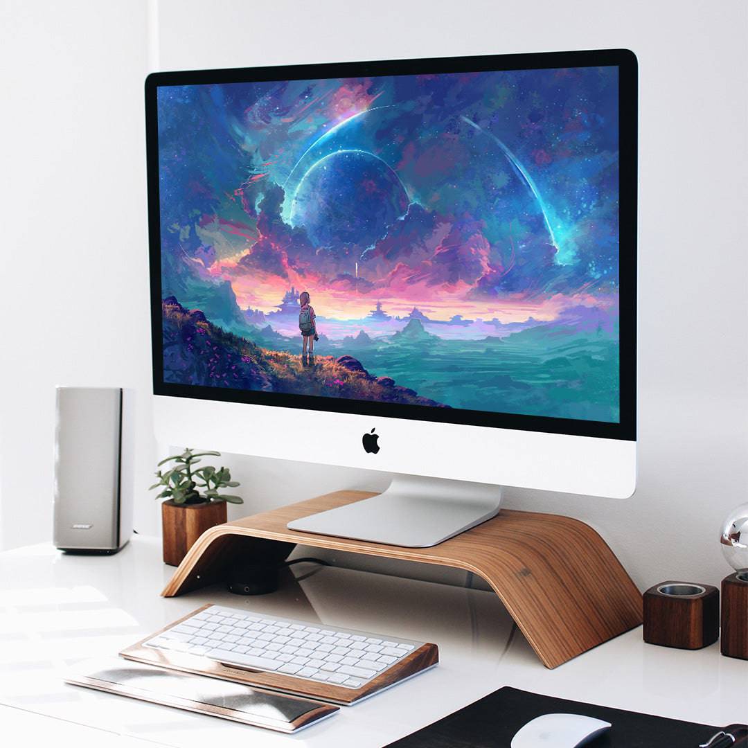 HD ultra-wide desktop wallpaper featuring a space shuttle launch by Naomi VanDoren for Adventure Art & Stories.
