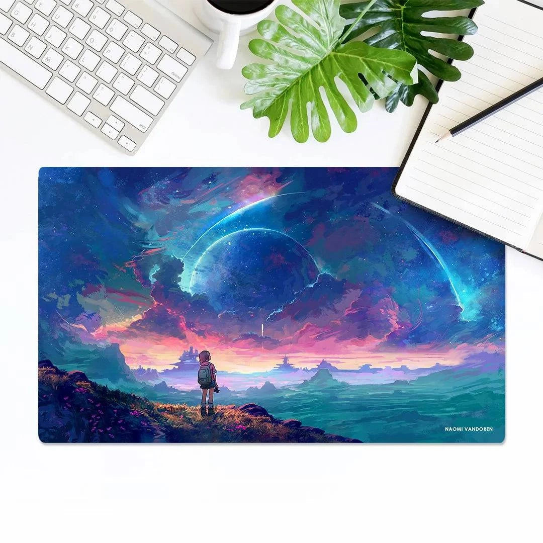 XL Shuttle Launch desk and gaming playmat by Naomi VanDoren featuring a detailed space shuttle launch scene.