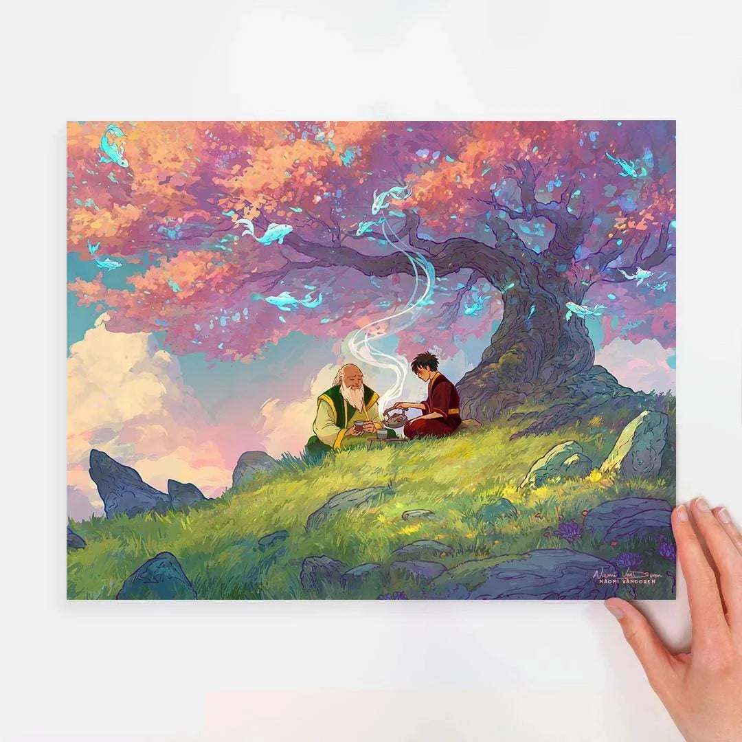 Art print of a spirit world tea scene by Naomi VanDoren, featuring a mystical avatar and hand-drawn artistic details.