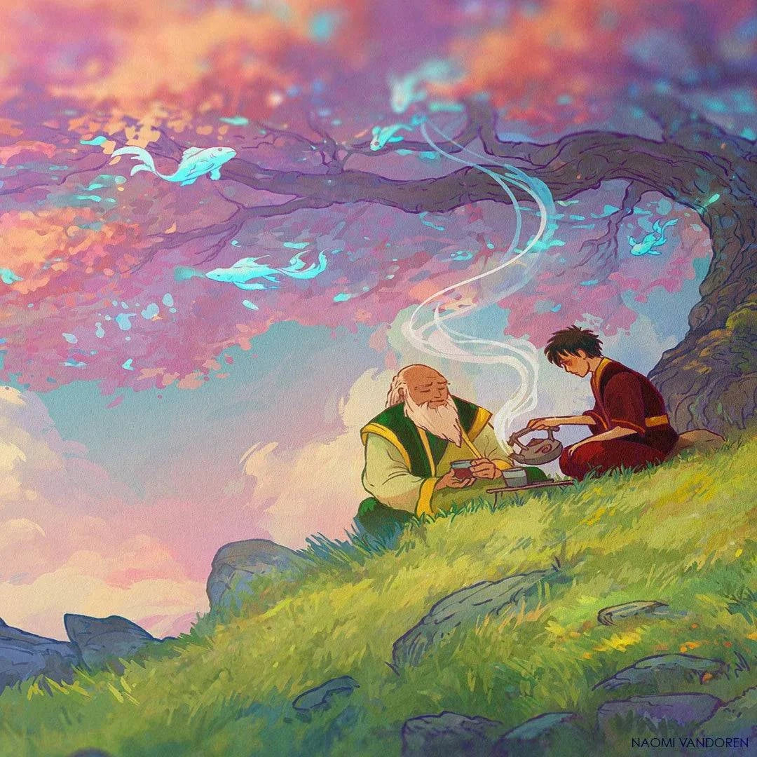 Art print by Naomi VanDoren depicting a spirit world scene with a tea and detailed mystical figures.