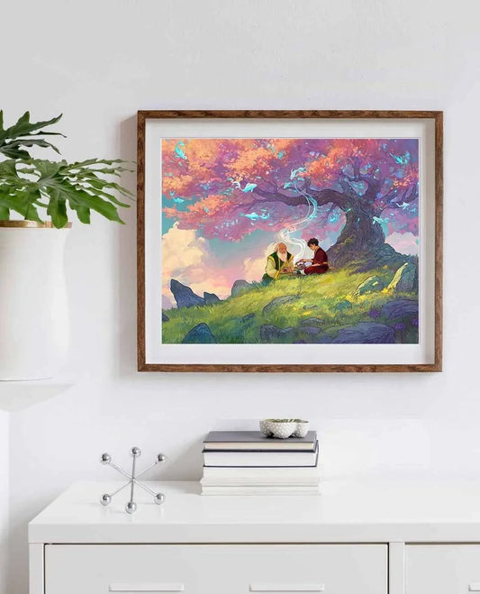 Framed art print of a spirit world scene with a tea by Naomi VanDoren, featuring vibrant colors and detailed artwork.
