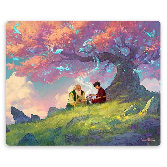 Art print by Naomi VanDoren depicting a spirit world tea scene with an avatar and metallic finish on a square canvas.