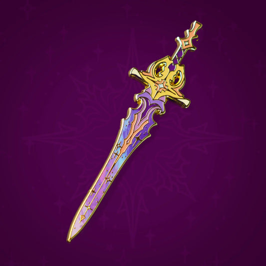 Celestial Sword enamel pin by Naomi VanDoren featuring a detailed, front-angled celestial-themed sword design.