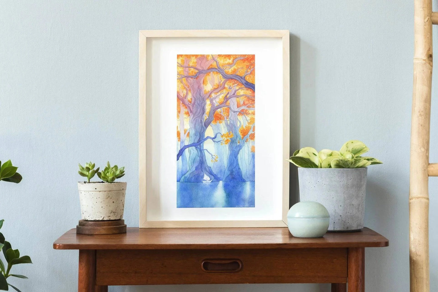 Framed art print titled "The Long Crossing" by Naomi VanDoren, featuring a detailed adventure-themed illustration.