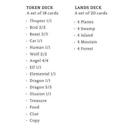 Naomi VanDoren Adventure Art Token and Lands Card Decks showing colorful illustrated land and token cards on a table.