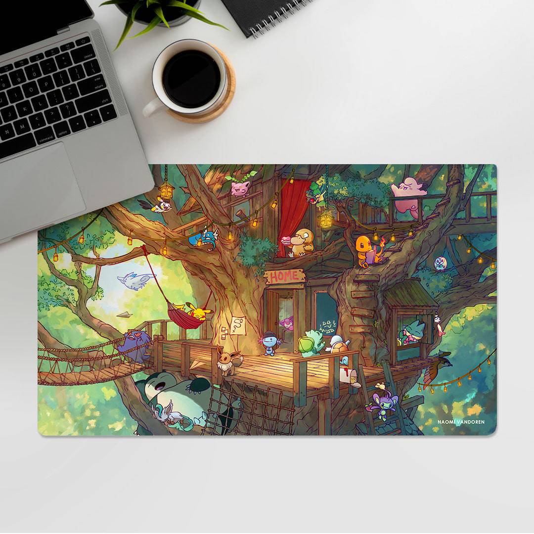 Large creature collecting treehouse desk and gaming playmat by Naomi VanDoren, 24x14 inches, detailed illustration.