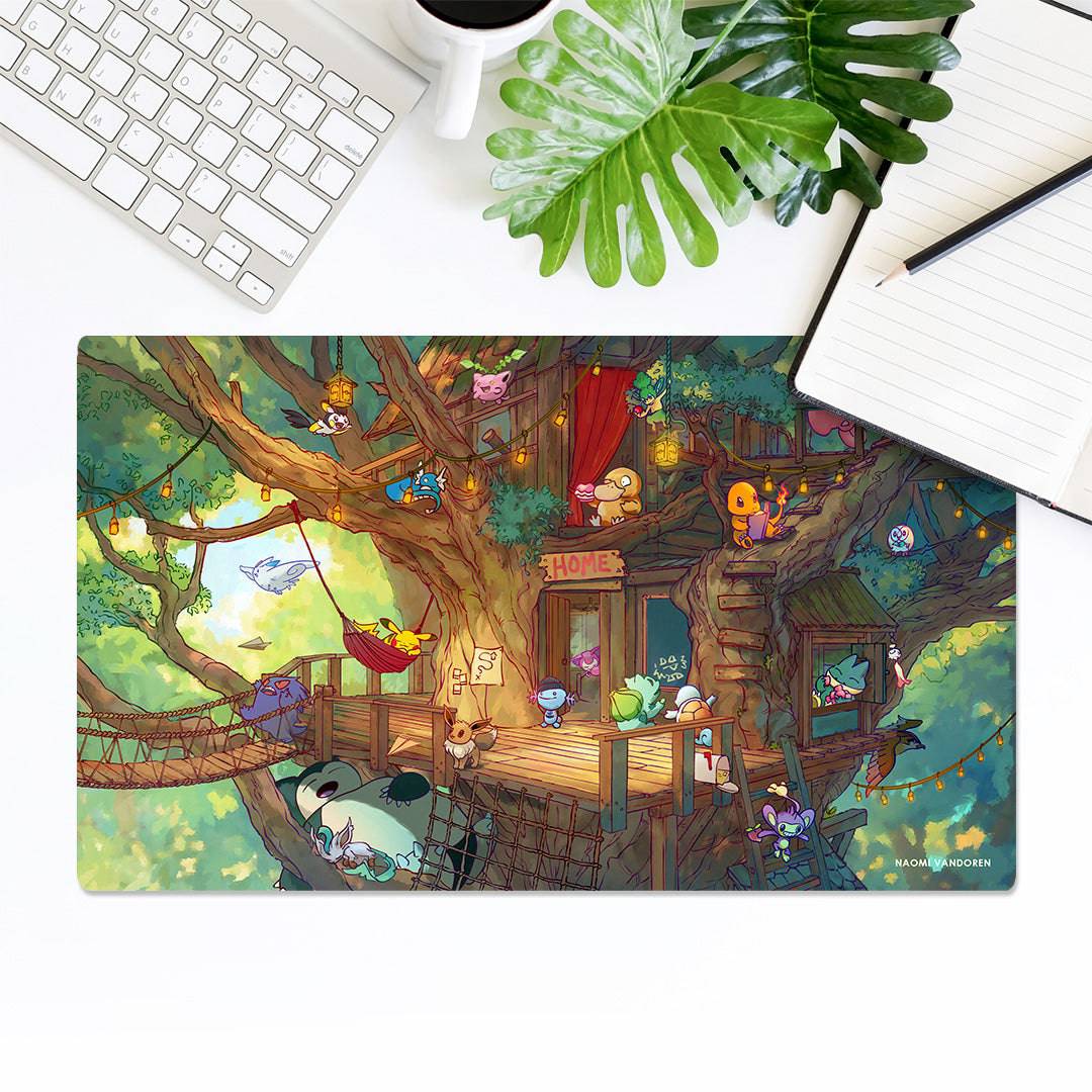 Large Treehouse creature collecting desk and gaming playmat by Naomi VanDoren, 24x14 inches, with detailed forest scene.