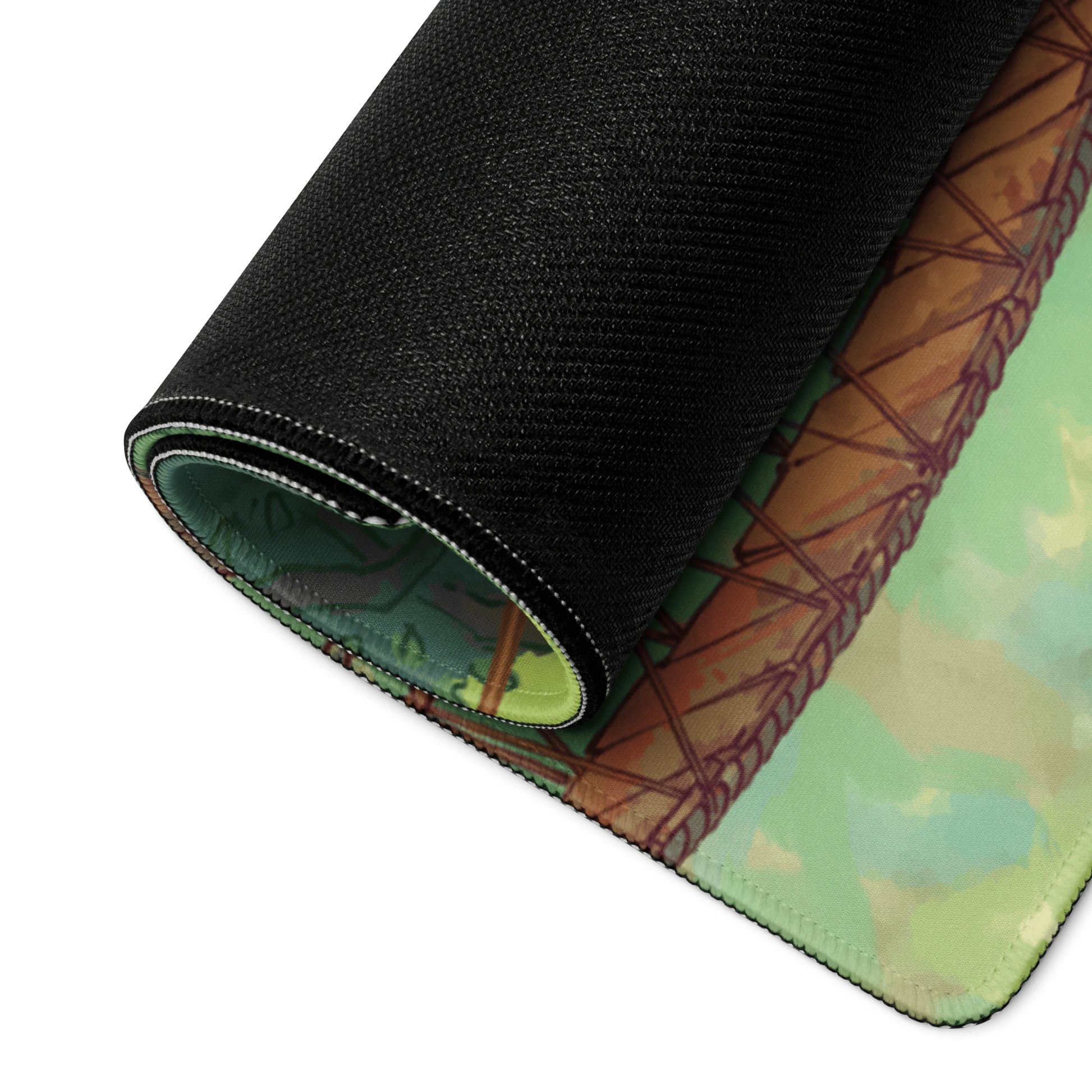 Large Naomi VanDoren Creature Collecting Treehouse gaming desk and mouse mat with colorful design, 36x18 inches.