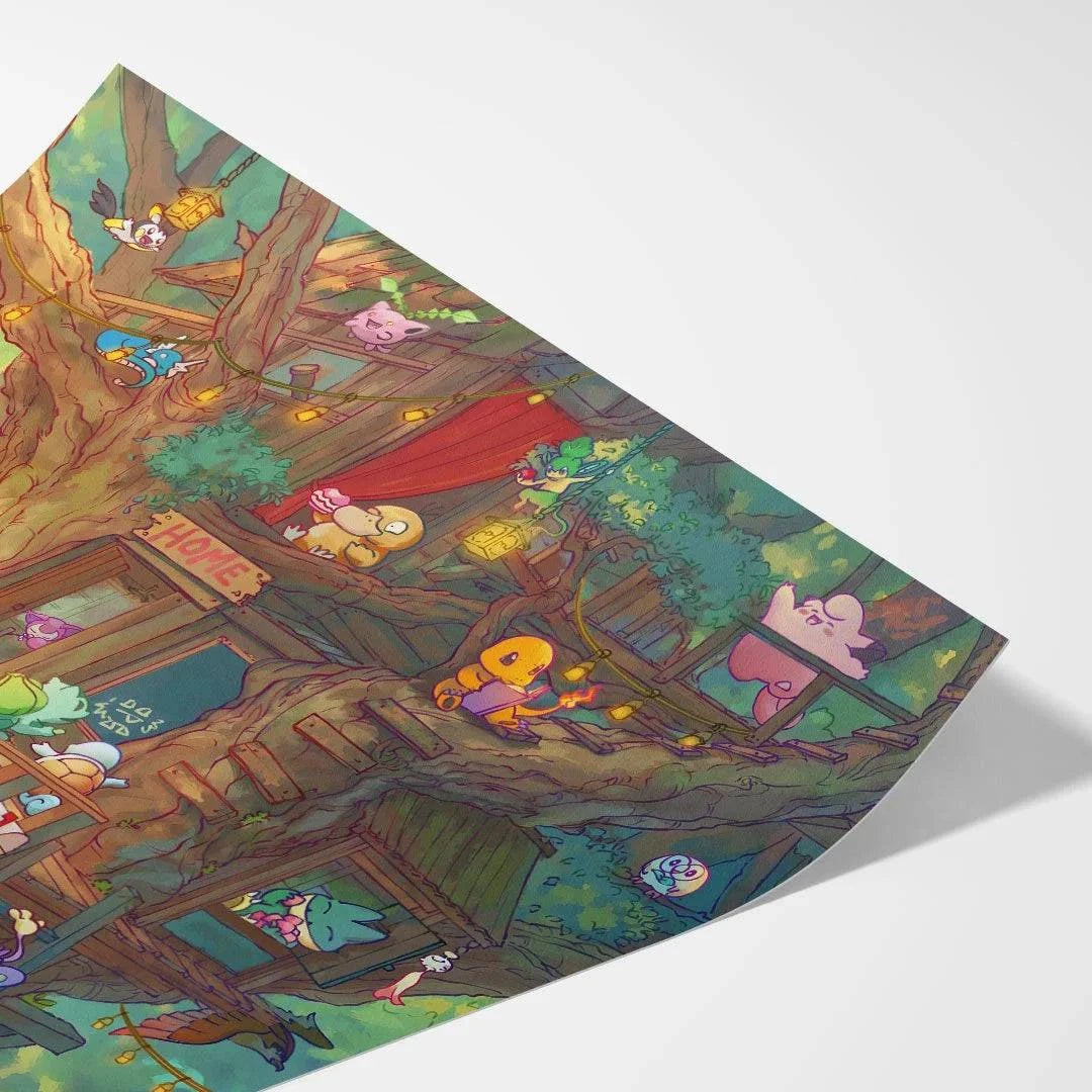 Creature Collecting Treehouse art print by Naomi VanDoren featuring a whimsical treehouse scene from Adventure Art & Stories.