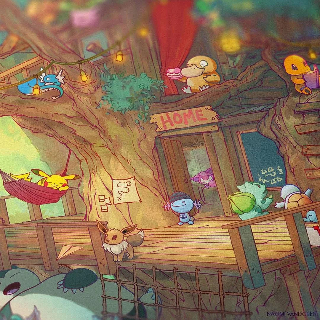 Detailed art print of a creature collecting treehouse by Naomi VanDoren, showcasing whimsical fantasy design