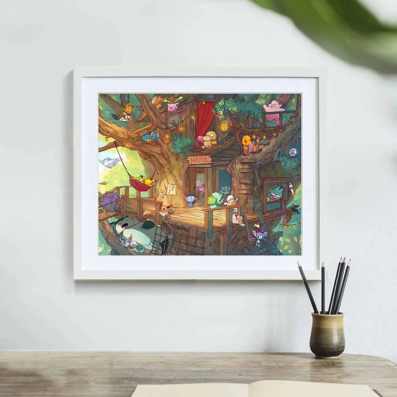 Framed Creature Collecting Treehouse art print by Naomi VanDoren featuring whimsical adventure-themed artwork.